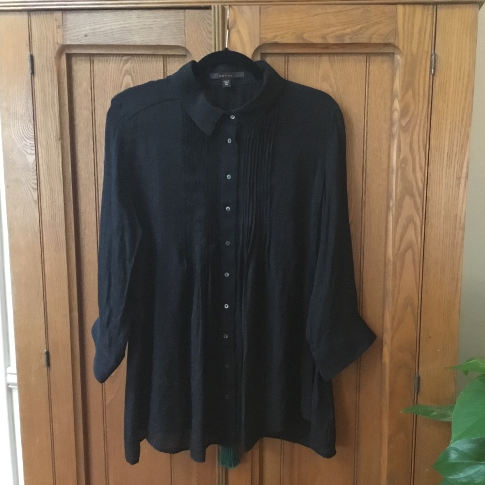 Black silky button down tunic blouse NWOT